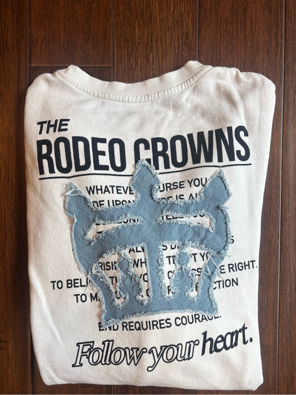 Rodeo Crowns Wide Bowl "Follow Your Heart" denim patch Sweatshirt - RARE!